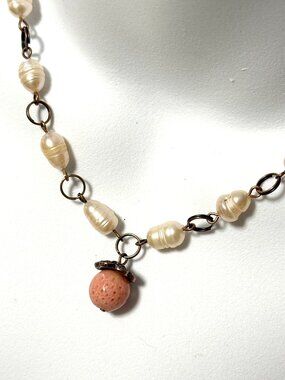Pale Pink Large Freshwater Pearl Short Necklace with Coral Pendant, Copper Links